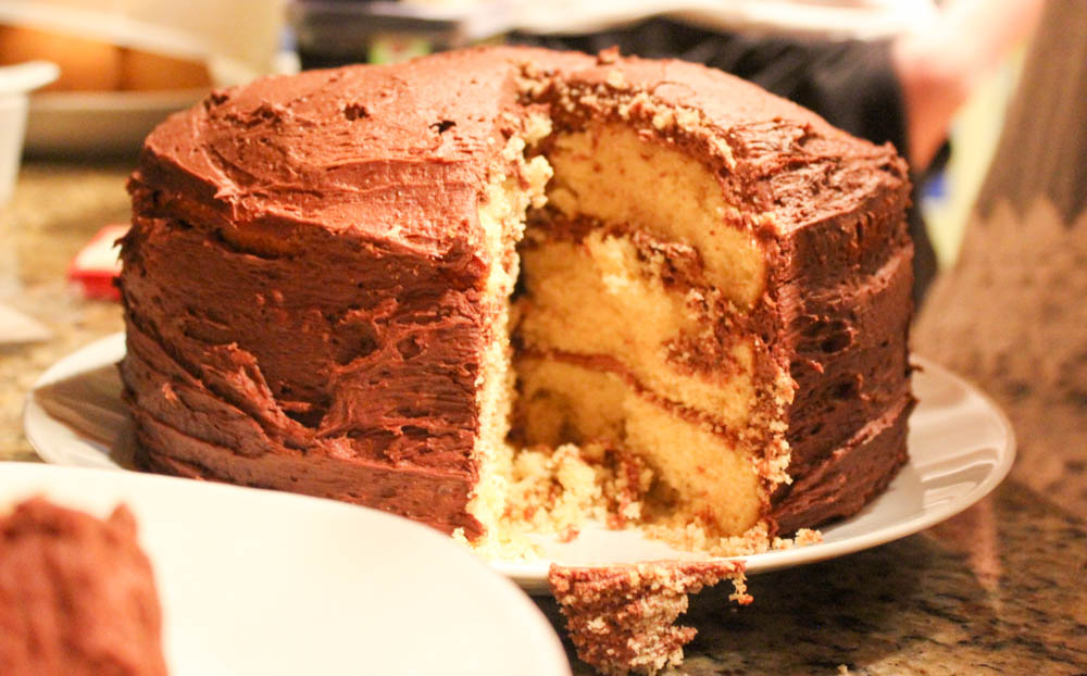 yellow cake with chocolate frosting